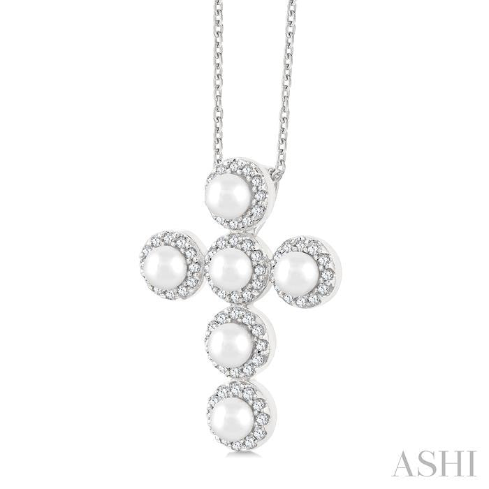 Cross Pearl & Halo Diamond Fashion Pendant