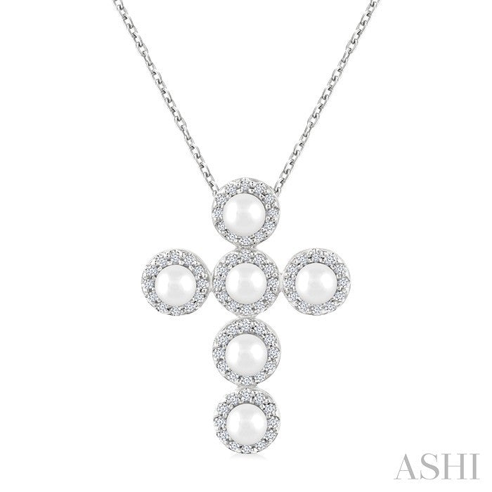 Cross Pearl & Halo Diamond Fashion Pendant