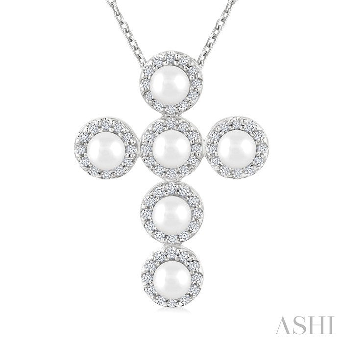 Cross Pearl & Halo Diamond Fashion Pendant