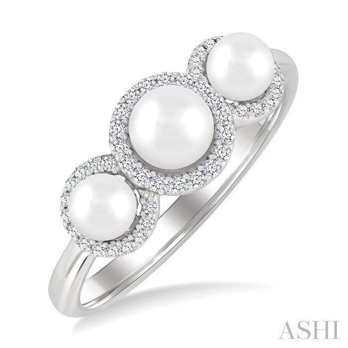 Round Shape Past Present & Future Pearl & Halo Diamond Ring