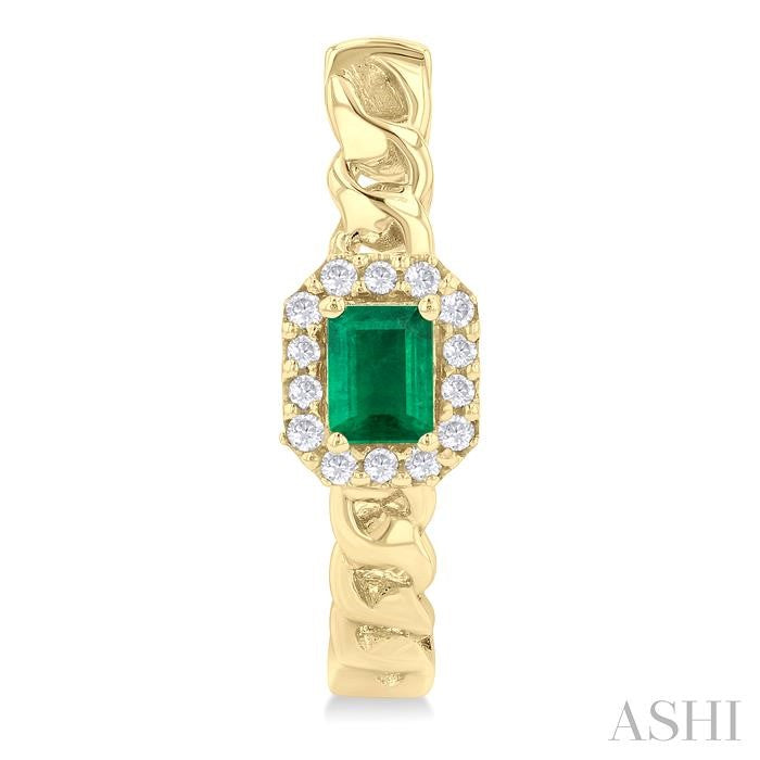 Emerald Shape Curb & Cuban Gemstone & Halo Diamond Fashion Hoop Earrings