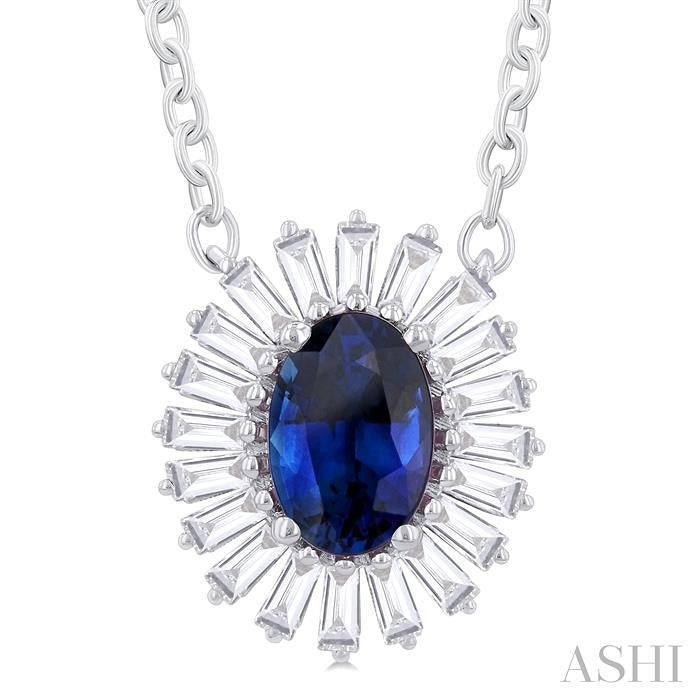 Oval Shape Gemstone & Baguette Halo Diamond Pendant