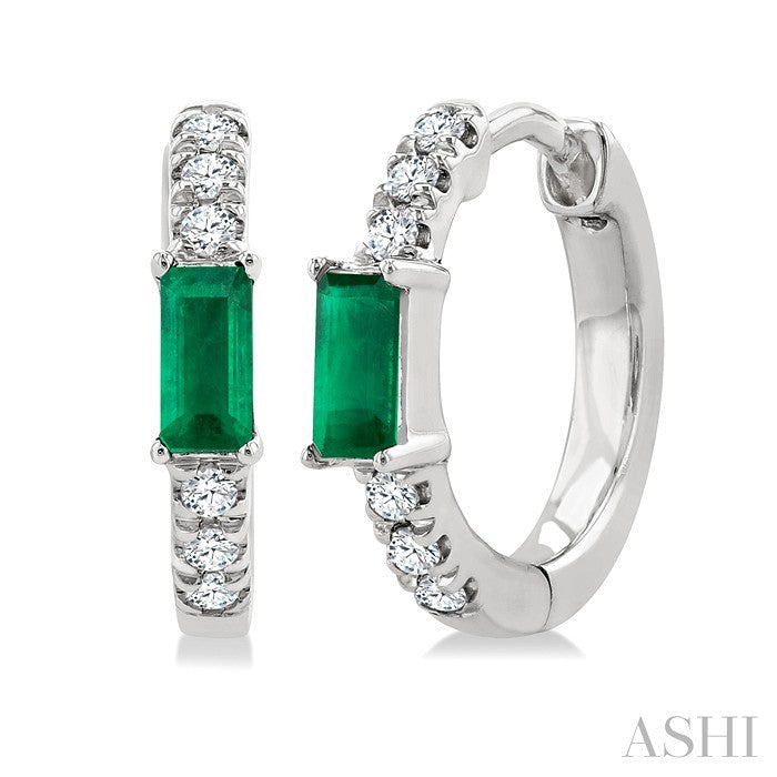 Emerald Shape Gemstone & Petite Diamond Huggie Fashion Earrings