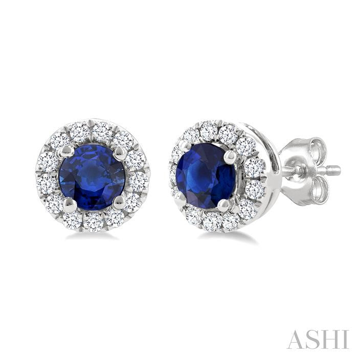 Round Shape Gemstone & Halo Diamond Earrings