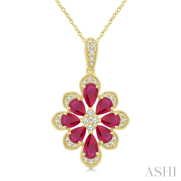 Floral Pear Shape Gemstone & Diamond Pendant