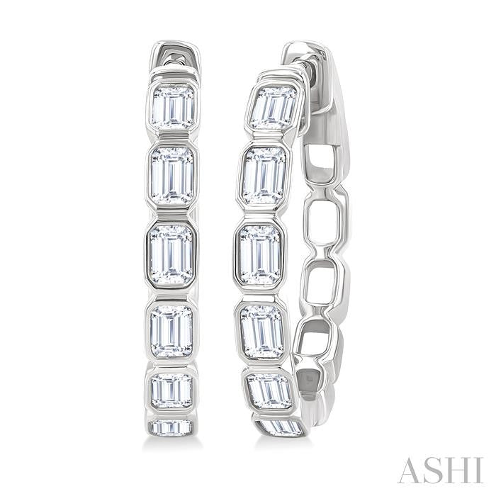 Emerald Shape Bezel Set Diamond Fashion Hoop Earrings