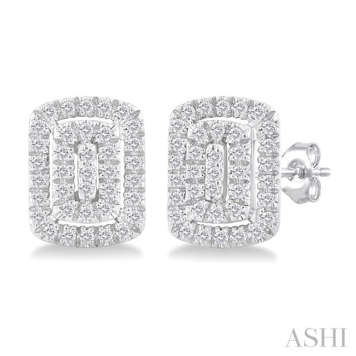 Emerald Shape Petite Halo Diamond Fashion Earrings