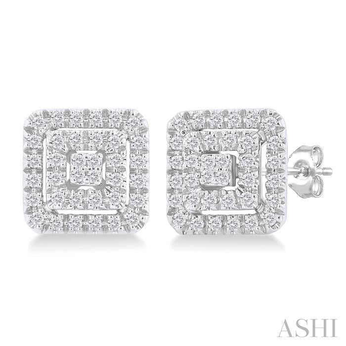 Princess Shape Petite Halo Diamond Fashion Earrings