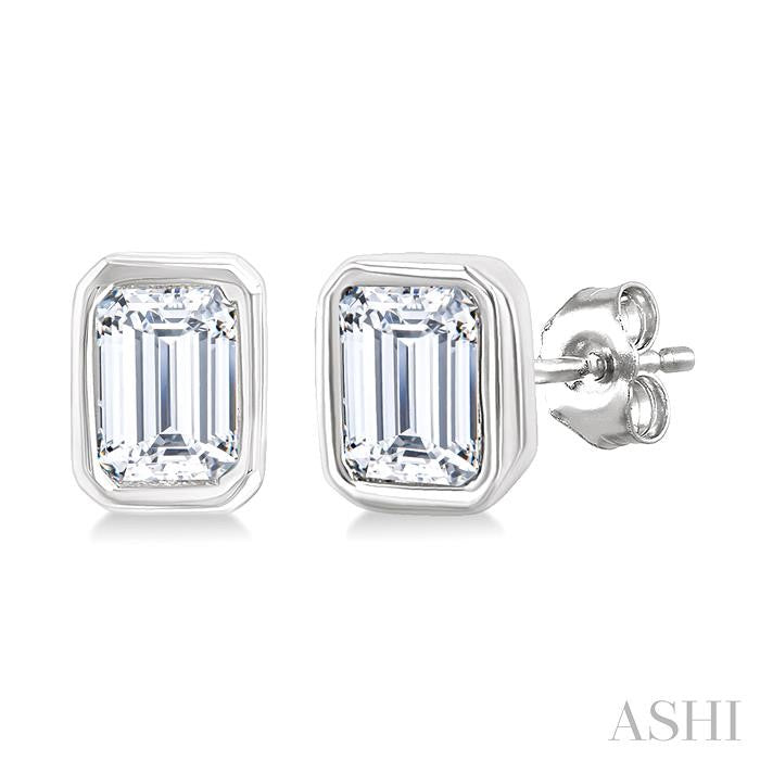 Emerald Shape Bezel Set Petite Diamond Fashion Earrings