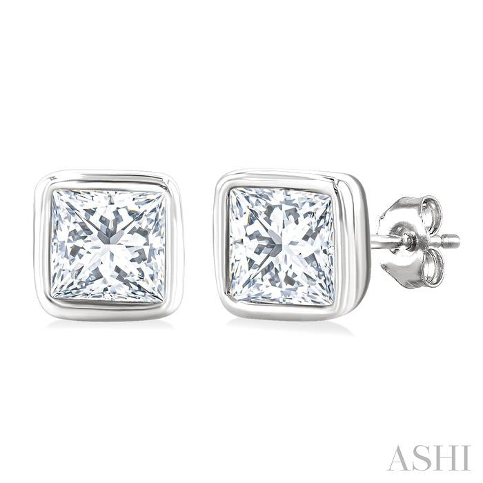 Princess Shape Bezel Set Petite Diamond Fashion Stud Earrings