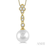 8 MM Cultured Pearl and 1/6 ctw Floral Dangler Round Cut Diamond Pendant With Chain in 14K Yellow Gold