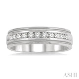 1/2 ctw Parallel Milgrain & Niched Center Round Cut Diamond Men's Wedding Band in 14K White Gold