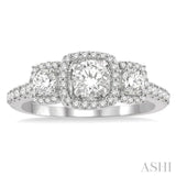 1.00 ctw Cushion Shape Past, Present & Future Diamond Engagement Ring With 3/8 ct Round Cut Center Stone in 14K White Gold