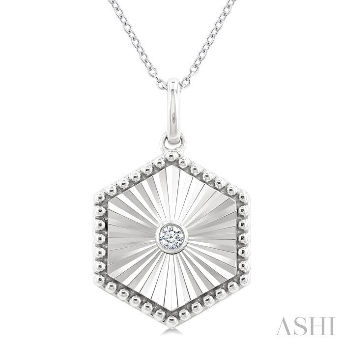 Silver Hexagon Shape Fluted Medallion Diamond Pendant
