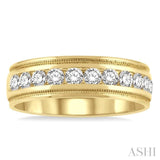 1.00 ctw Parallel Milgrain & Niched Center Round Cut Diamond Men's Wedding Band in 14K Yellow Gold