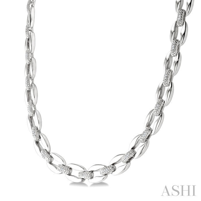 Silver Bold Oval Shape Link Diamond Fashion Necklace