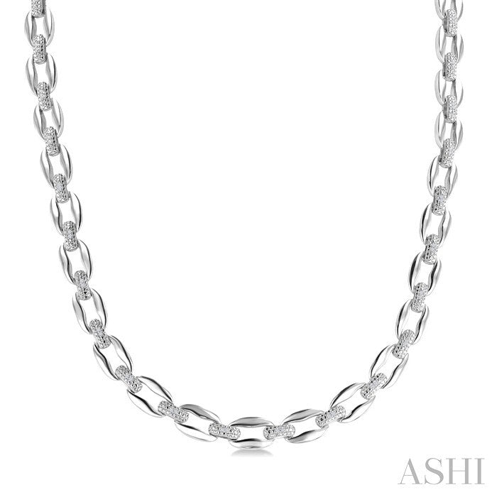 Silver Bold Oval Shape Link Diamond Fashion Necklace