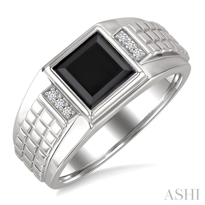 Silver Princess Shape Men's Onyx & Diamond Ring