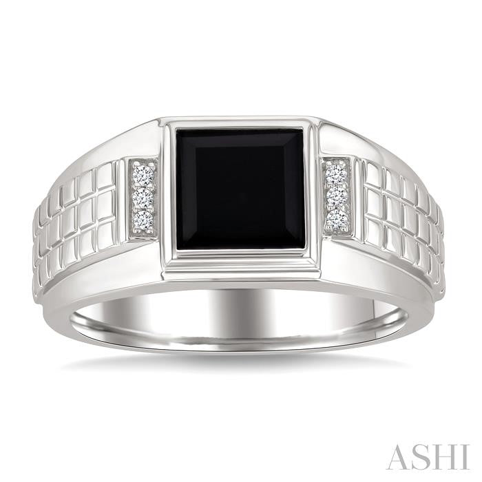 Silver Princess Shape Men's Onyx & Diamond Ring
