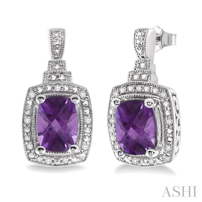 Silver Cushion Shape Gemstone & Diamond Earrings