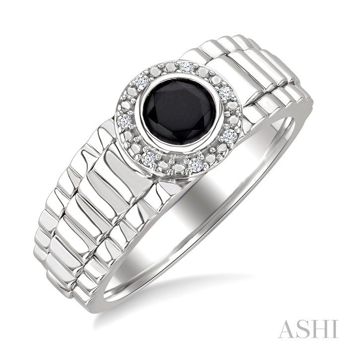 Silver Round Shape Men's Onyx & Diamond Ring