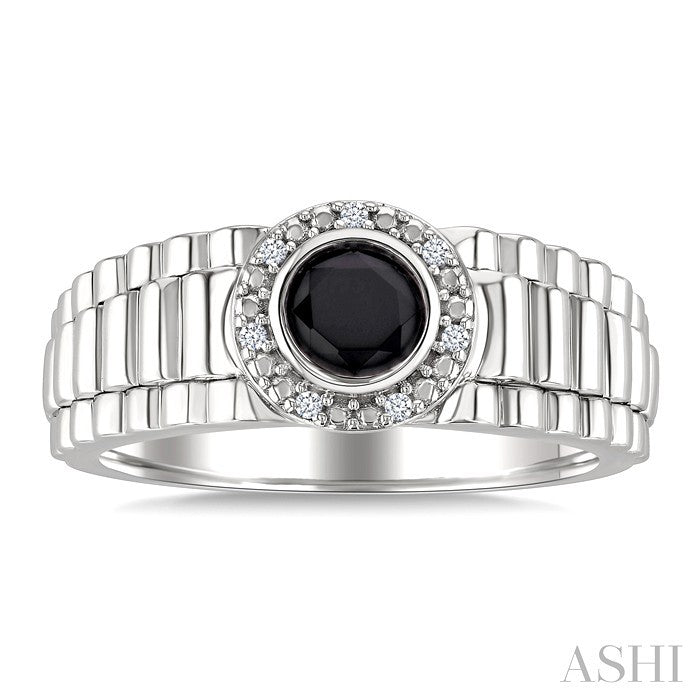Silver Round Shape Men's Onyx & Diamond Ring