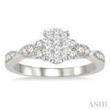 1/2 ctw Oval Shape Center Criss-Cross Carved Shank Lovebright Round Cut Diamond Engagement Ring in 14K White Gold