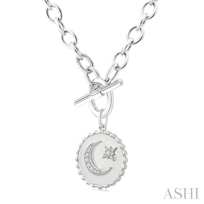 Silver Crescent Moon & Star Toggle Diamond Fashion Necklace