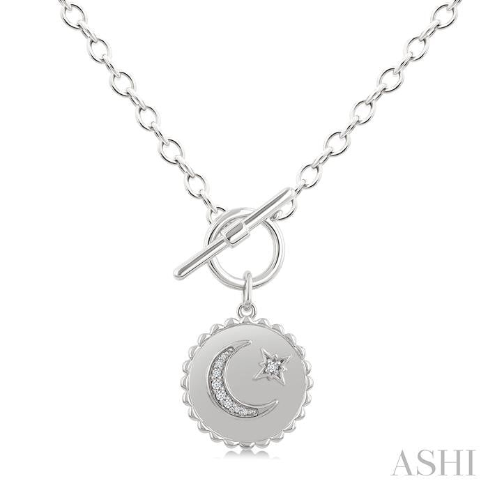 Silver Crescent Moon & Star Toggle Diamond Fashion Necklace