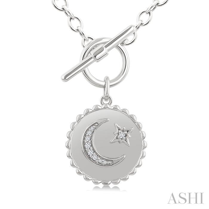 Silver Crescent Moon & Star Toggle Diamond Fashion Necklace