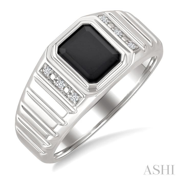 Silver Emerald Shape Men's Onyx & Diamond Ring