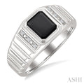 Silver Emerald Shape Men's Onyx & Diamond Ring