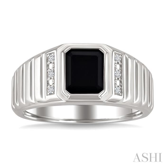 Silver Emerald Shape Men's Onyx & Diamond Ring