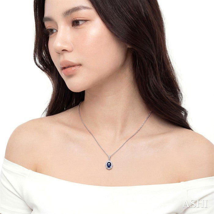 Silver Oval Shape Gemstone & Halo Diamond Pendant