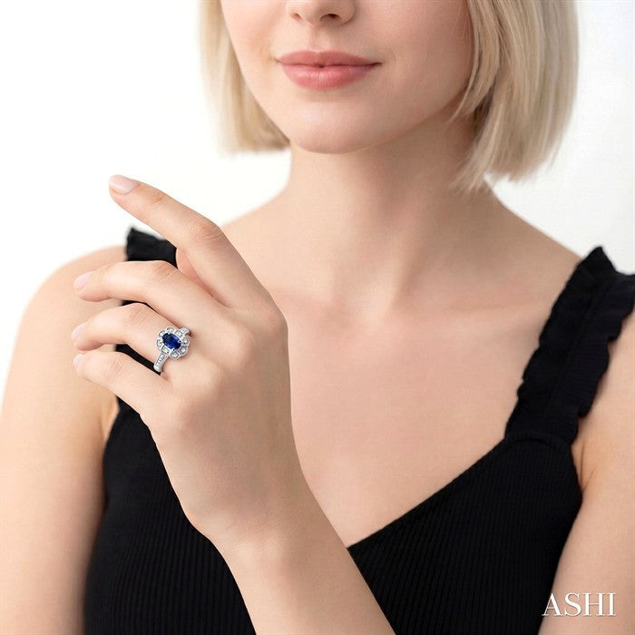 Silver Oval Shape Gemstone & Diamond Ring