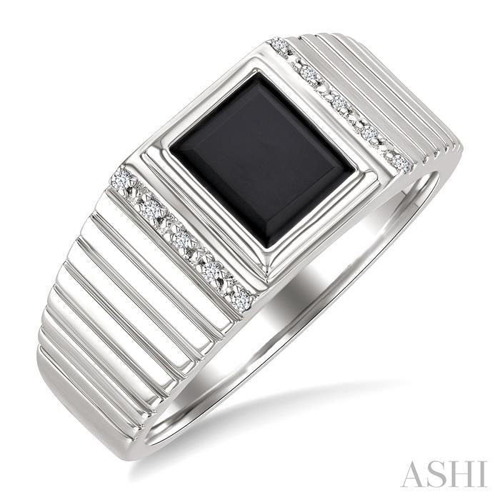 Silver Emerald Shape Men's Onyx & Diamond Ring