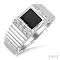 Silver Emerald Shape Men's Onyx & Diamond Ring