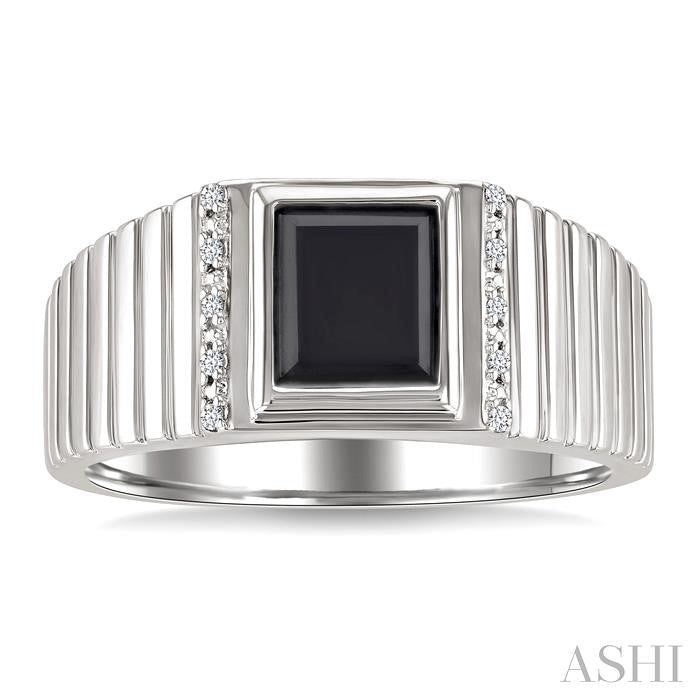 Silver Emerald Shape Men's Onyx & Diamond Ring