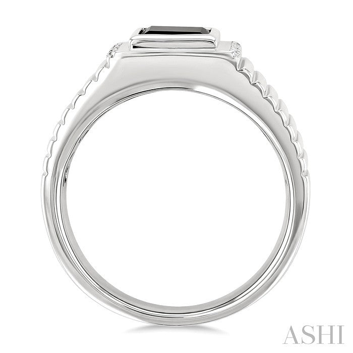 Silver Emerald Shape Men's Onyx & Diamond Ring
