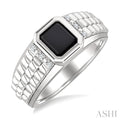 Silver Emerald Shape Men's Onyx & Diamond Ring