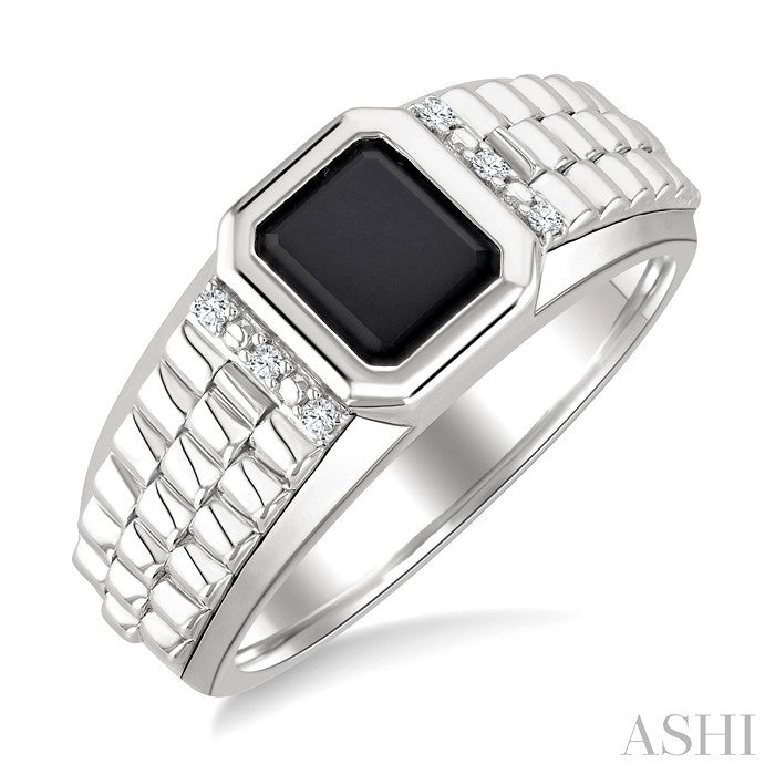 Silver Emerald Shape Men's Onyx & Diamond Ring