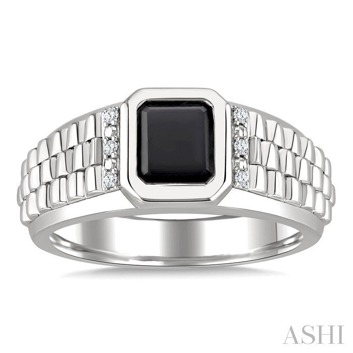 Silver Emerald Shape Men's Onyx & Diamond Ring