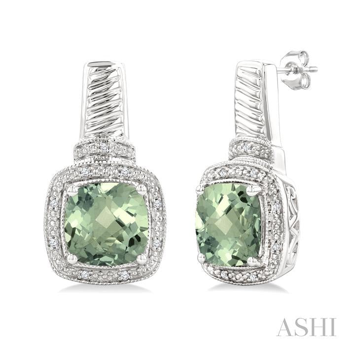 Silver Cushion Shape Gemstone & Diamond Earrings