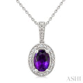 Silver Oval Shape Gemstone & Diamond Pendant