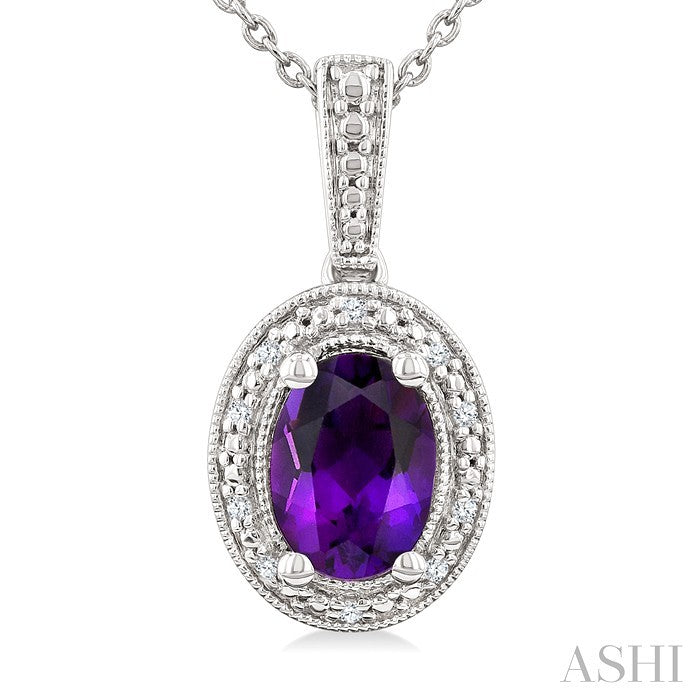 Silver Oval Shape Gemstone & Diamond Pendant
