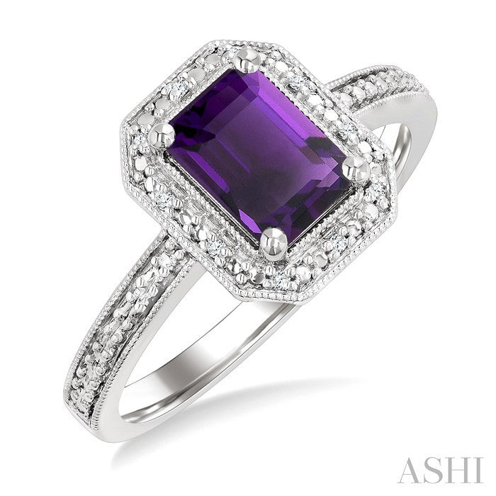 Silver Emerald Shape Gemstone & Diamond Ring