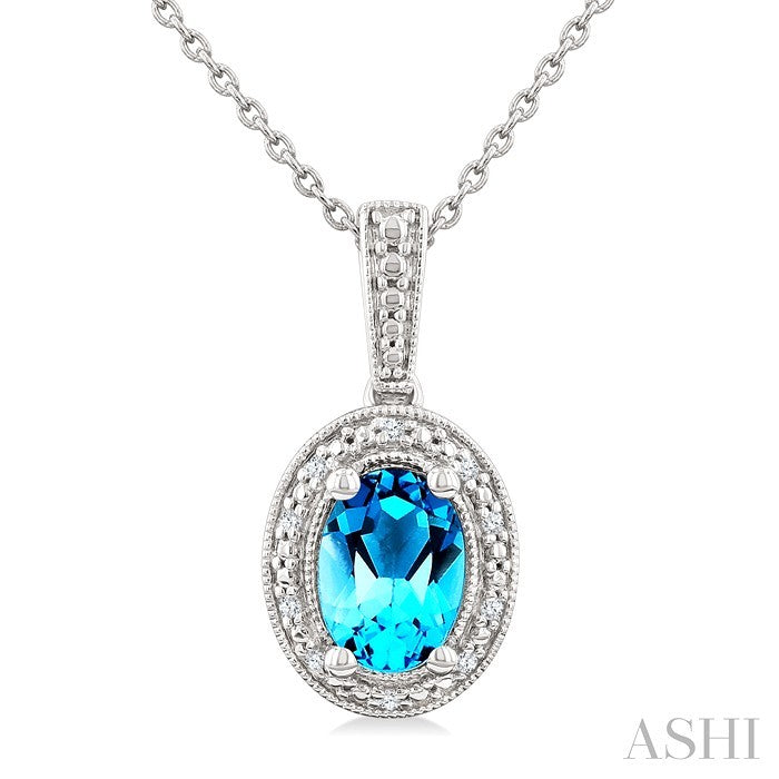 Silver Oval Shape Gemstone & Diamond Pendant