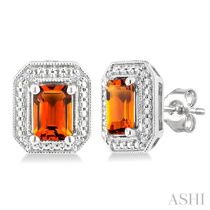 Silver Emerald Shape Gemstone & Diamond Earrings