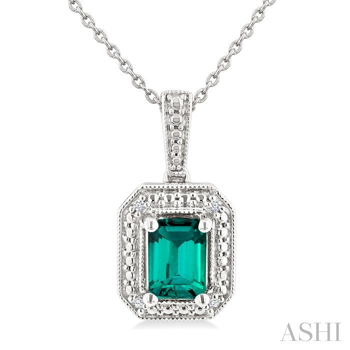 Silver Emerald Shape Gemstone & Diamond Pendant