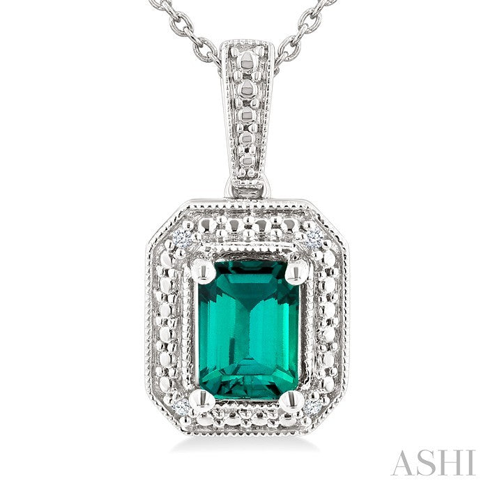 Silver Emerald Shape Gemstone & Diamond Pendant